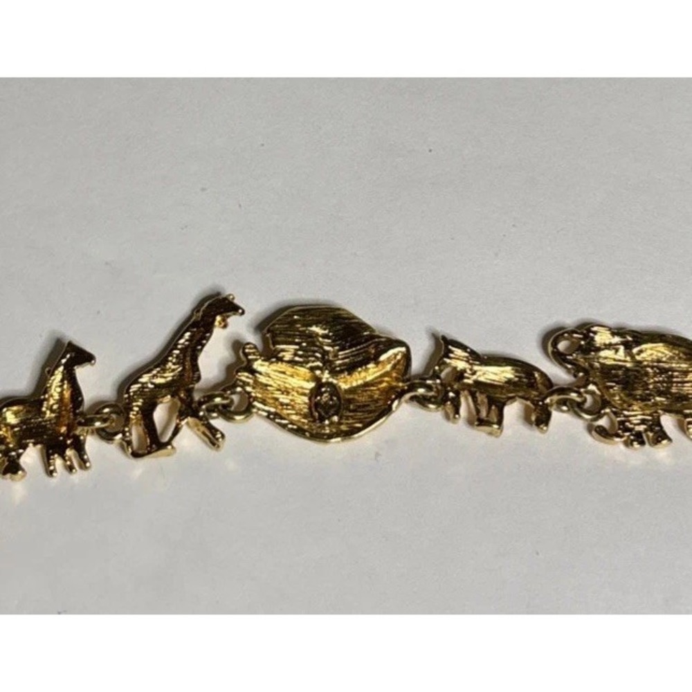Noah's Ark Animal Bracelet Gold Tone Elephants Giraffes Lions Religious 6"